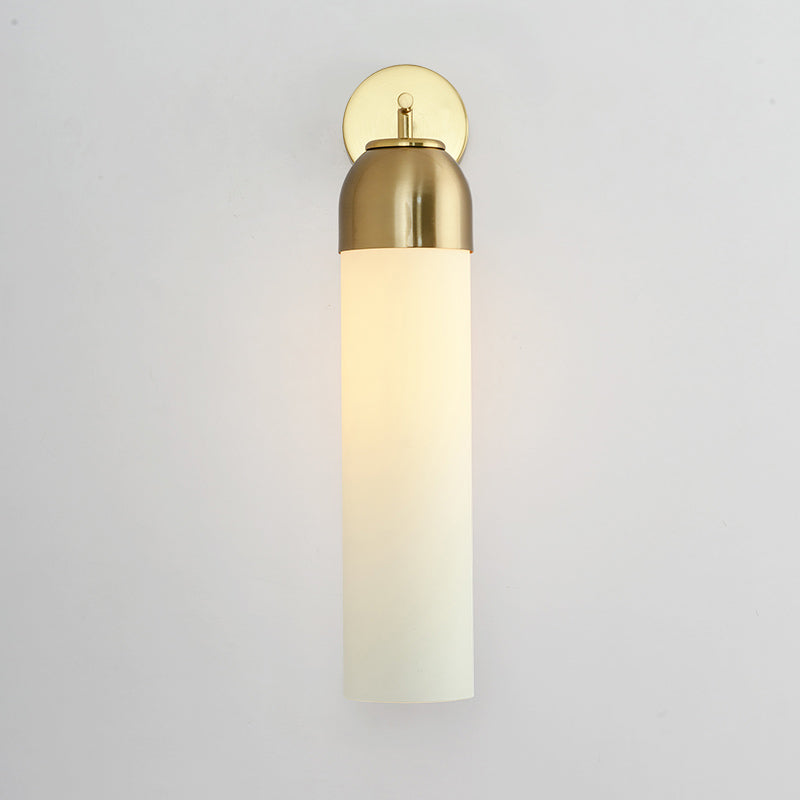 Modernist Tubular Sconce Cream/Green Glass 1 Head Living Room Wall Lighting Fixture with Metal Arm - Clearhalo - 'Cast Iron' - 'Glass' - 'Industrial' - 'Modern wall lights' - 'Modern' - 'Tiffany' - 'Traditional wall lights' - 'Wall Lamps & Sconces' - 'Wall Lights' - Lighting' - 325708