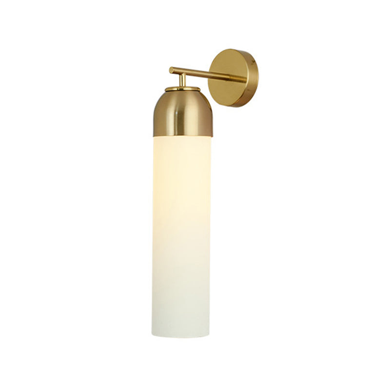Modernist Tubular Sconce Cream/Green Glass 1 Head Living Room Wall Lighting Fixture with Metal Arm Clearhalo 'Cast Iron' 'Glass' 'Industrial' 'Modern wall lights' 'Modern' 'Tiffany' 'Traditional wall lights' 'Wall Lamps & Sconces' 'Wall Lights' Lighting' 325709