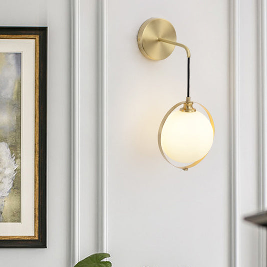 White Glass Ball Sconce Light Modernism 1 Bulb Brass Wall Mount Lamp with Curved Arm Clearhalo 'Cast Iron' 'Glass' 'Industrial' 'Modern wall lights' 'Modern' 'Tiffany' 'Traditional wall lights' 'Wall Lamps & Sconces' 'Wall Lights' Lighting' 325721