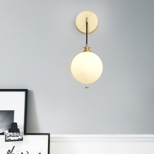 White Glass Ball Sconce Light Modernism 1 Bulb Brass Wall Mount Lamp with Curved Arm Clearhalo 'Cast Iron' 'Glass' 'Industrial' 'Modern wall lights' 'Modern' 'Tiffany' 'Traditional wall lights' 'Wall Lamps & Sconces' 'Wall Lights' Lighting' 325722