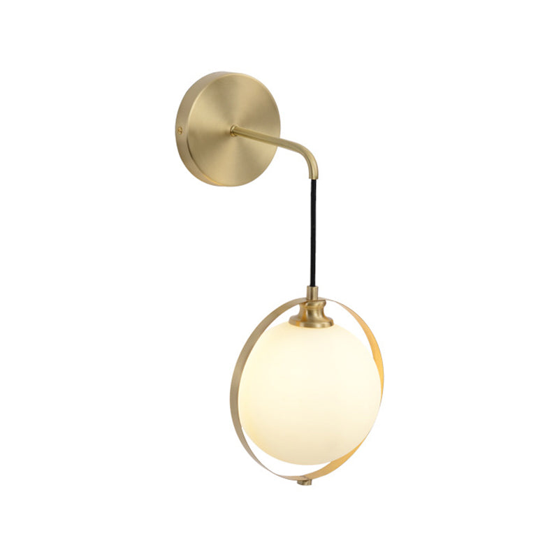 White Glass Ball Sconce Light Modernism 1 Bulb Brass Wall Mount Lamp with Curved Arm Clearhalo 'Cast Iron' 'Glass' 'Industrial' 'Modern wall lights' 'Modern' 'Tiffany' 'Traditional wall lights' 'Wall Lamps & Sconces' 'Wall Lights' Lighting' 325723