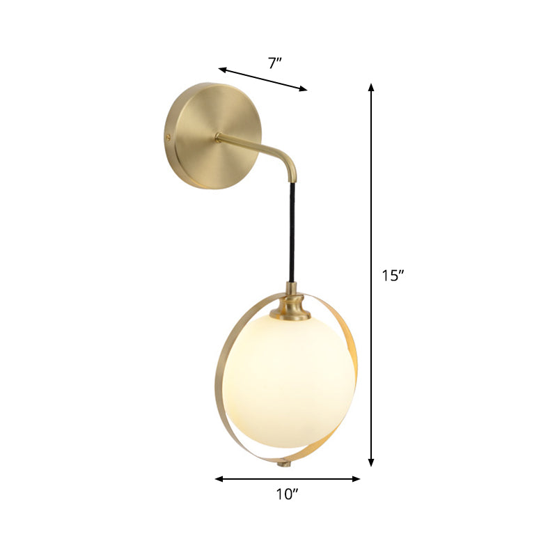 White Glass Ball Sconce Light Modernism 1 Bulb Brass Wall Mount Lamp with Curved Arm Clearhalo 'Cast Iron' 'Glass' 'Industrial' 'Modern wall lights' 'Modern' 'Tiffany' 'Traditional wall lights' 'Wall Lamps & Sconces' 'Wall Lights' Lighting' 325724