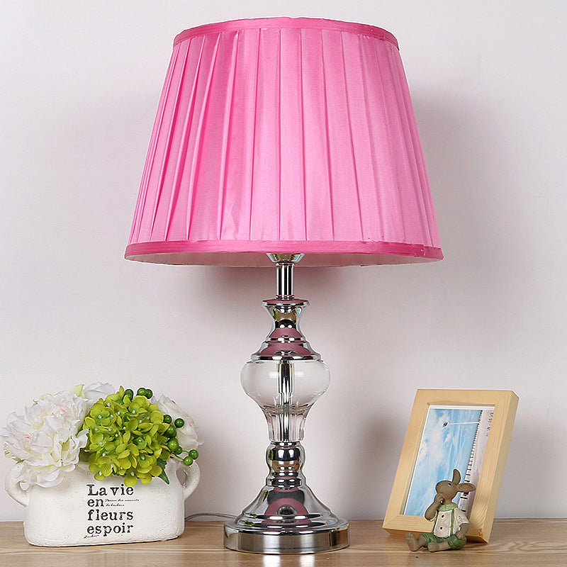 Single Bulb Fabric Night Lamp Rural Rose Red Barrel Shade Bedroom Nightstand Light with Crystal Accent Rose Red Clearhalo 'Lamps' 'Table Lamps' Lighting' 325778