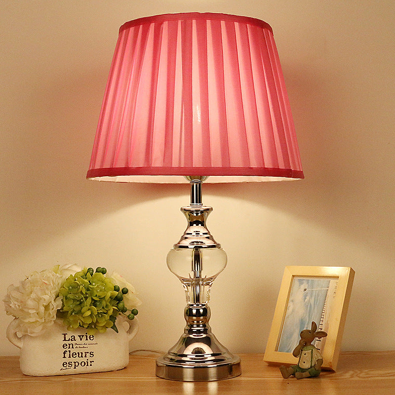 Single Bulb Fabric Night Lamp Rural Rose Red Barrel Shade Bedroom Nightstand Light with Crystal Accent Clearhalo 'Lamps' 'Table Lamps' Lighting' 325779