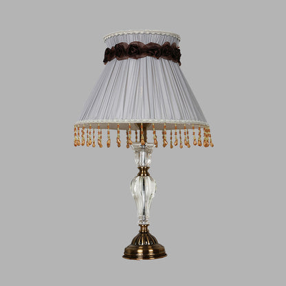 1 Light Fabric Night Lamp Lodge Grey Conical Bedroom Nightstand Light with Crystal Droplet Grey Clearhalo 'Lamps' 'Table Lamps' Lighting' 325874