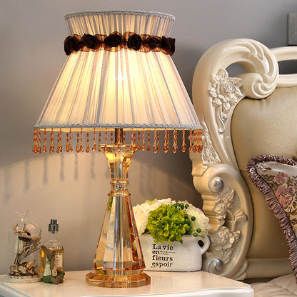 14"/15" Wide Cone Fabric Night Light Traditional Single Light Bedroom Nightstand Lamp in Grey with Crystal Accent Grey Clearhalo 'Lamps' 'Table Lamps' Lighting' 325884