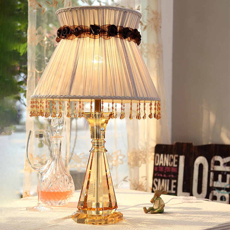 14"/15" Wide Cone Fabric Night Light Traditional Single Light Bedroom Nightstand Lamp in Grey with Crystal Accent Clearhalo 'Lamps' 'Table Lamps' Lighting' 325885