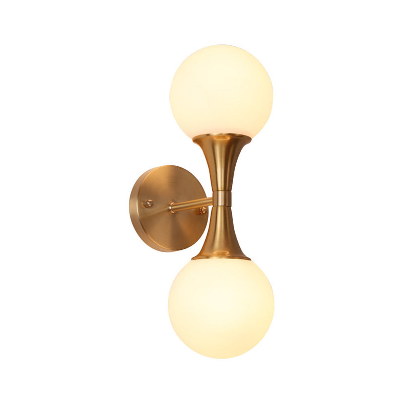 2 Bulbs Bathroom Vanity Light Modernism Brass Wall Mounted Lamp with Orb Milky Glass Shade Clearhalo 'Cast Iron' 'Glass' 'Industrial' 'Modern wall lights' 'Modern' 'Tiffany' 'Traditional wall lights' 'Wall Lamps & Sconces' 'Wall Lights' Lighting' 325930