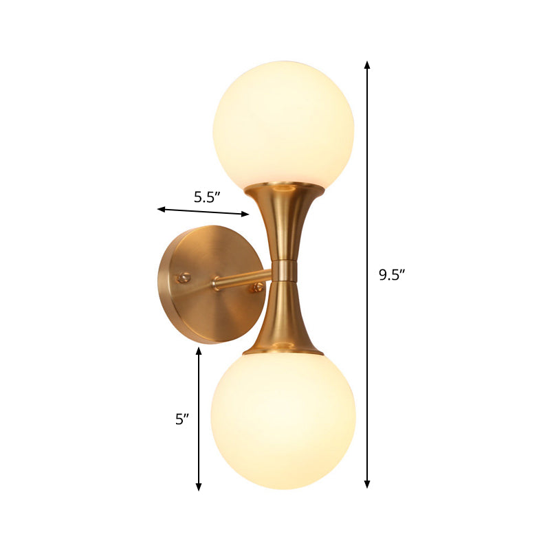 2 Bulbs Bathroom Vanity Light Modernism Brass Wall Mounted Lamp with Orb Milky Glass Shade Clearhalo 'Cast Iron' 'Glass' 'Industrial' 'Modern wall lights' 'Modern' 'Tiffany' 'Traditional wall lights' 'Wall Lamps & Sconces' 'Wall Lights' Lighting' 325931