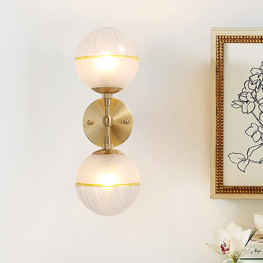 Modernism Spherical Wall Lighting Frosted Glass 2 Bulbs Sconce Light Fixture in Brass Clearhalo 'Cast Iron' 'Glass' 'Industrial' 'Modern wall lights' 'Modern' 'Tiffany' 'Traditional wall lights' 'Wall Lamps & Sconces' 'Wall Lights' Lighting' 325958