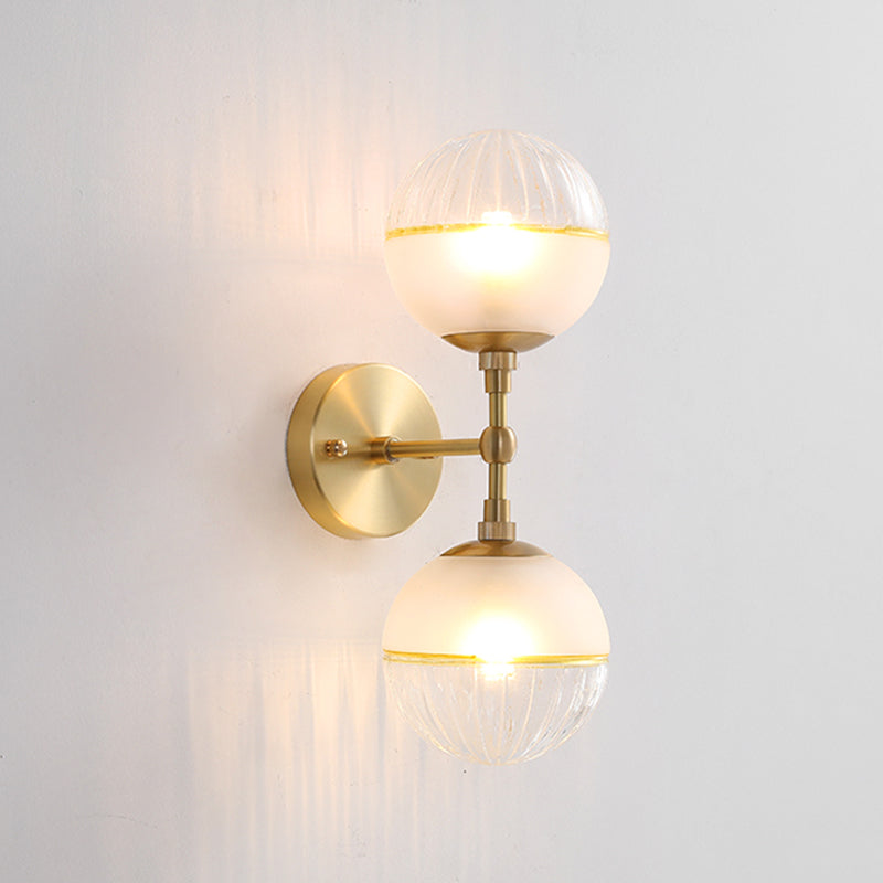 Modernism Spherical Wall Lighting Frosted Glass 2 Bulbs Sconce Light Fixture in Brass Clearhalo 'Cast Iron' 'Glass' 'Industrial' 'Modern wall lights' 'Modern' 'Tiffany' 'Traditional wall lights' 'Wall Lamps & Sconces' 'Wall Lights' Lighting' 325959