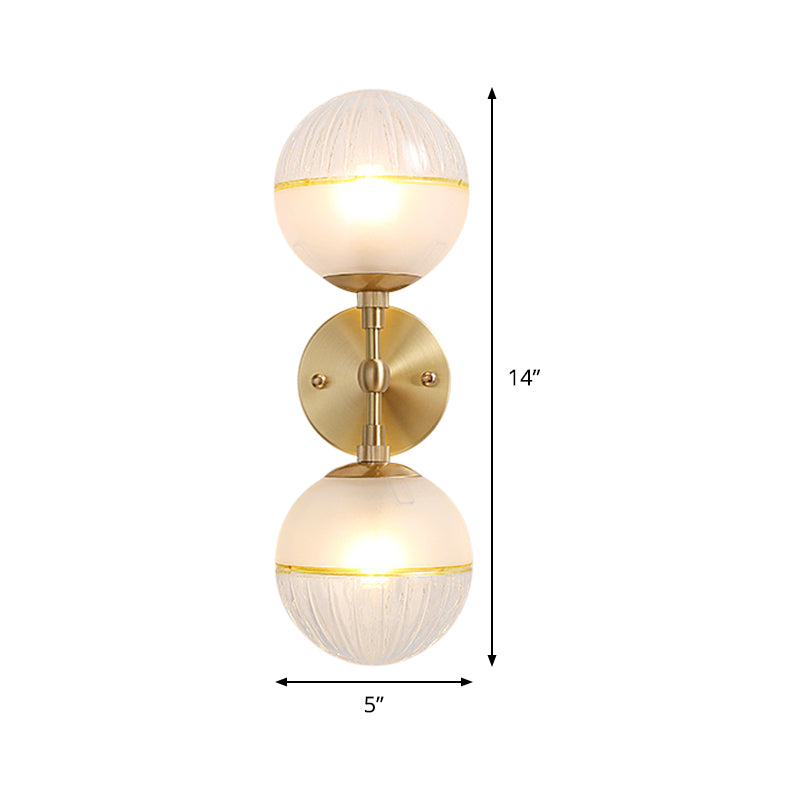 Modernism Spherical Wall Lighting Frosted Glass 2 Bulbs Sconce Light Fixture in Brass Clearhalo 'Cast Iron' 'Glass' 'Industrial' 'Modern wall lights' 'Modern' 'Tiffany' 'Traditional wall lights' 'Wall Lamps & Sconces' 'Wall Lights' Lighting' 325961