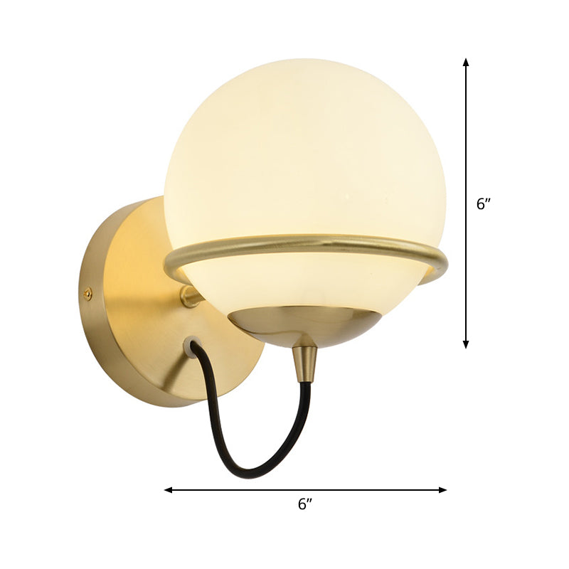 1 Head Bedside Sconce Light Modern Brass Wall Lighting Fixture with Global White Glass Shade Clearhalo 'Cast Iron' 'Glass' 'Industrial' 'Modern wall lights' 'Modern' 'Tiffany' 'Traditional wall lights' 'Wall Lamps & Sconces' 'Wall Lights' Lighting' 325979