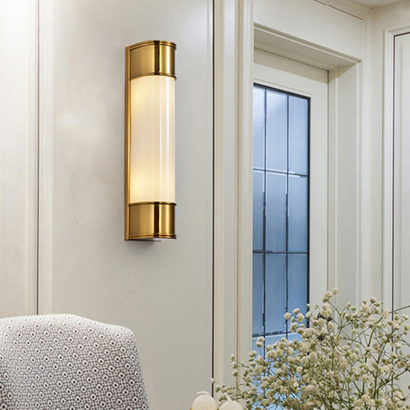 Opal Glass Tubular Wall Lighting Modernism 2 Heads Black/White/Gold Sconce Light Fixture for Bedroom Gold Clearhalo 'Cast Iron' 'Glass' 'Industrial' 'Modern wall lights' 'Modern' 'Tiffany' 'Traditional wall lights' 'Wall Lamps & Sconces' 'Wall Lights' Lighting' 326016