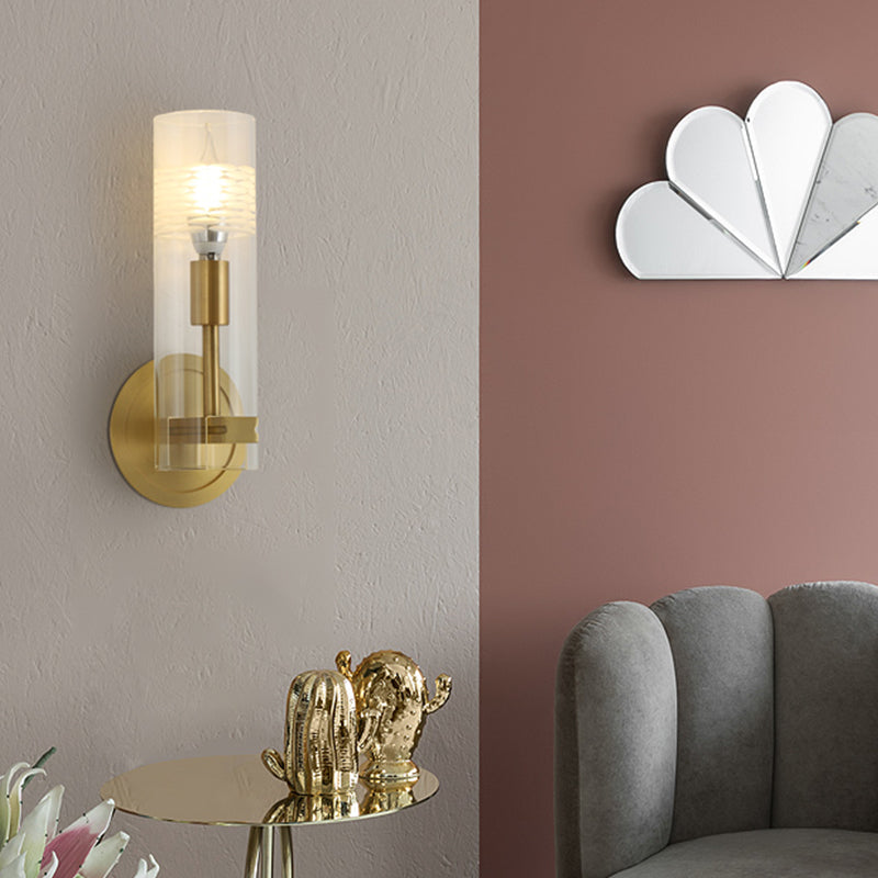 Modernism 1 Head Sconce Light Brass Cylindrical Wall Mounted Lighting with Clear Glass Shade Brass Clearhalo 'Cast Iron' 'Glass' 'Industrial' 'Modern wall lights' 'Modern' 'Tiffany' 'Traditional wall lights' 'Wall Lamps & Sconces' 'Wall Lights' Lighting' 326045