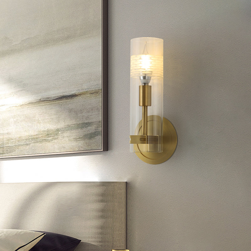 Modernism 1 Head Sconce Light Brass Cylindrical Wall Mounted Lighting with Clear Glass Shade Clearhalo 'Cast Iron' 'Glass' 'Industrial' 'Modern wall lights' 'Modern' 'Tiffany' 'Traditional wall lights' 'Wall Lamps & Sconces' 'Wall Lights' Lighting' 326046