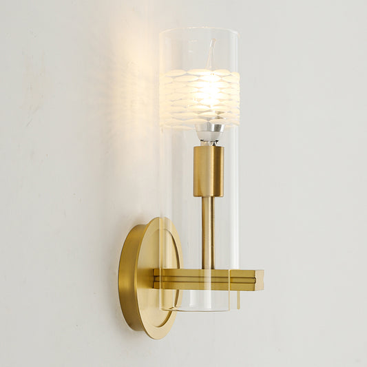 Modernism 1 Head Sconce Light Brass Cylindrical Wall Mounted Lighting with Clear Glass Shade Clearhalo 'Cast Iron' 'Glass' 'Industrial' 'Modern wall lights' 'Modern' 'Tiffany' 'Traditional wall lights' 'Wall Lamps & Sconces' 'Wall Lights' Lighting' 326047