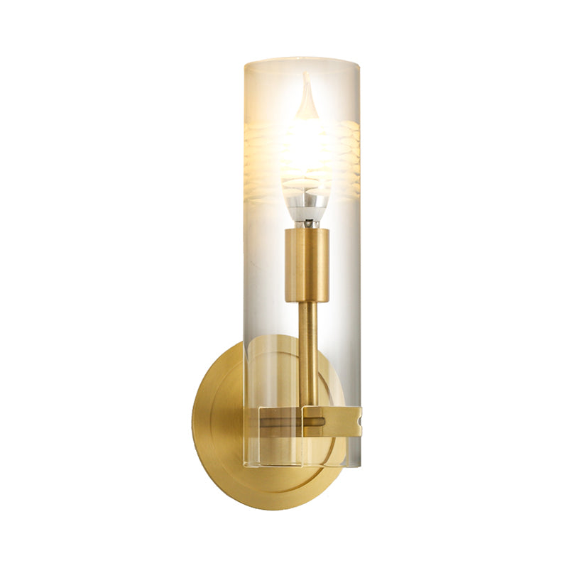 Modernism 1 Head Sconce Light Brass Cylindrical Wall Mounted Lighting with Clear Glass Shade - Clearhalo - 'Cast Iron' - 'Glass' - 'Industrial' - 'Modern wall lights' - 'Modern' - 'Tiffany' - 'Traditional wall lights' - 'Wall Lamps & Sconces' - 'Wall Lights' - Lighting' - 326048