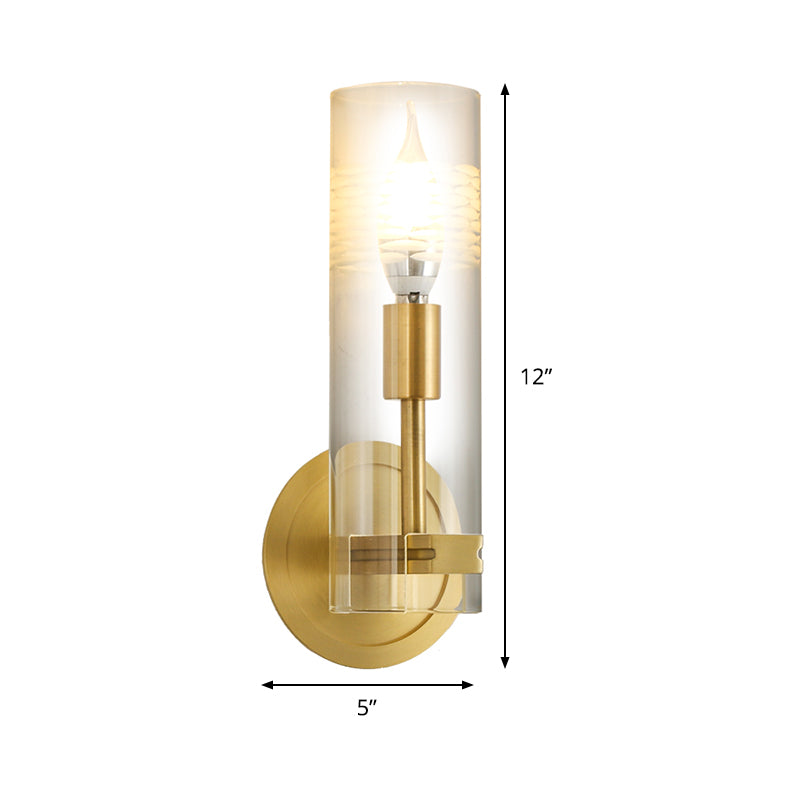 Modernism 1 Head Sconce Light Brass Cylindrical Wall Mounted Lighting with Clear Glass Shade Clearhalo 'Cast Iron' 'Glass' 'Industrial' 'Modern wall lights' 'Modern' 'Tiffany' 'Traditional wall lights' 'Wall Lamps & Sconces' 'Wall Lights' Lighting' 326049