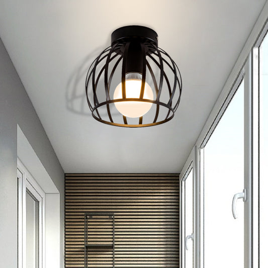 Black/Gold Metal Cage Ceiling Mounted Light Minimalism 1 Light Flushmount Lighting for Corridor Black Clearhalo 'Ceiling Lights' 'Close To Ceiling Lights' 'Close to ceiling' 'Flush mount' Lighting' 326154