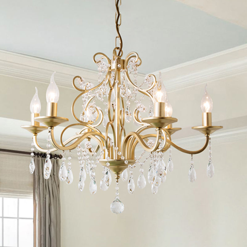 Gold Swooping Arm Chandelier Light Countryside Crystal 3/6/8 Lights Dining Room Ceiling Lamp 6 Gold Clearhalo 'Ceiling Lights' 'Chandeliers' Lighting' options 326387_ab81a55e-18e8-42f0-9dfa-f6faeba429d1