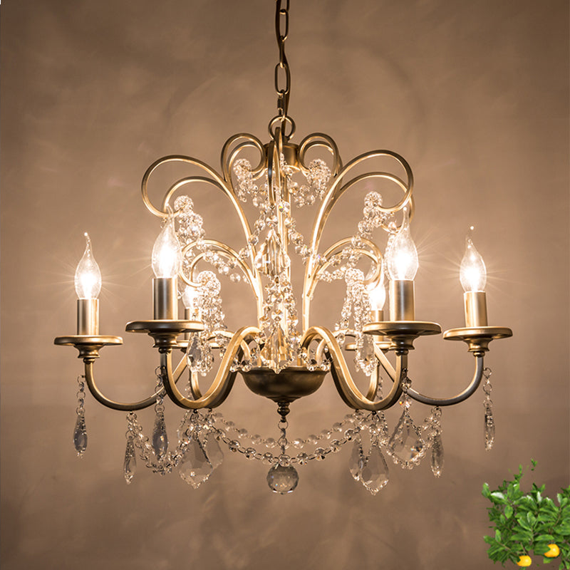 Gold Swooping Arm Chandelier Light Countryside Crystal 3/6/8 Lights Dining Room Ceiling Lamp Clearhalo 'Ceiling Lights' 'Chandeliers' Lighting' options 326388