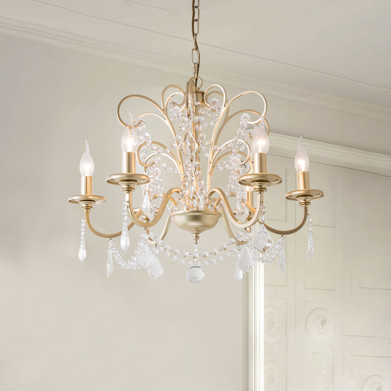 Gold Swooping Arm Chandelier Light Countryside Crystal 3/6/8 Lights Dining Room Ceiling Lamp Clearhalo 'Ceiling Lights' 'Chandeliers' Lighting' options 326389