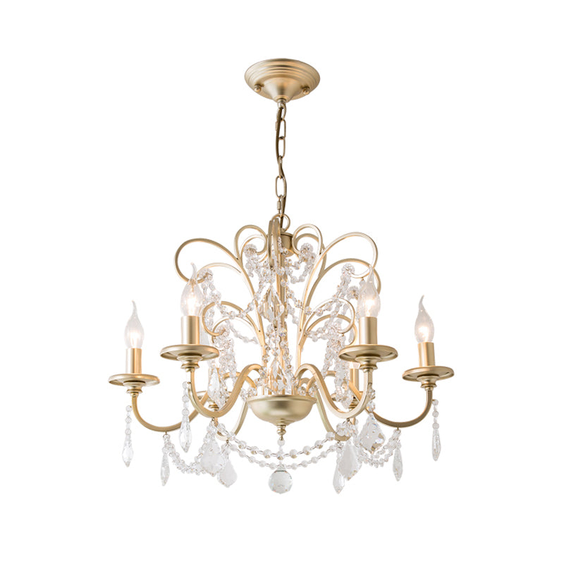 Gold Swooping Arm Chandelier Light Countryside Crystal 3/6/8 Lights Dining Room Ceiling Lamp Clearhalo 'Ceiling Lights' 'Chandeliers' Lighting' options 326390