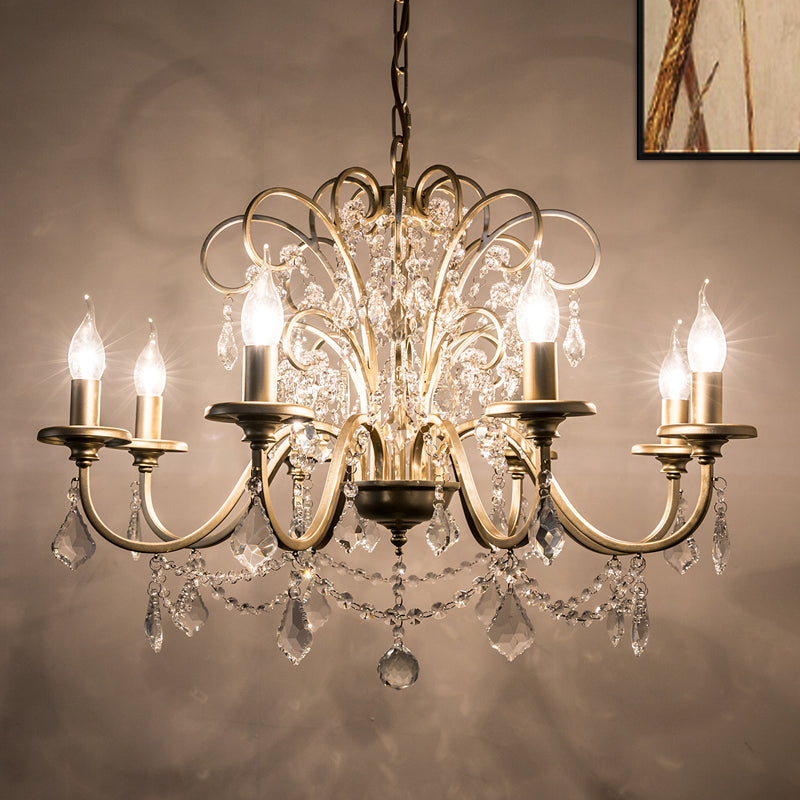 Gold Swooping Arm Chandelier Light Countryside Crystal 3/6/8 Lights Dining Room Ceiling Lamp 8 Gold Clearhalo 'Ceiling Lights' 'Chandeliers' Lighting' options 326392_c2d780d6-1b97-4209-930f-bcf5c8ff73bf