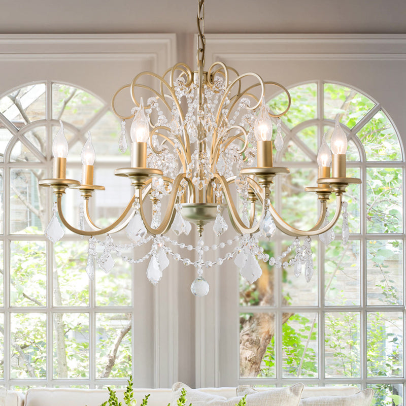 Gold Swooping Arm Chandelier Light Countryside Crystal 3/6/8 Lights Dining Room Ceiling Lamp Clearhalo 'Ceiling Lights' 'Chandeliers' Lighting' options 326393