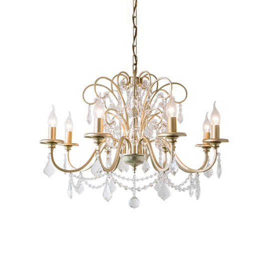 Gold Swooping Arm Chandelier Light Countryside Crystal 3/6/8 Lights Dining Room Ceiling Lamp Clearhalo 'Ceiling Lights' 'Chandeliers' Lighting' options 326394