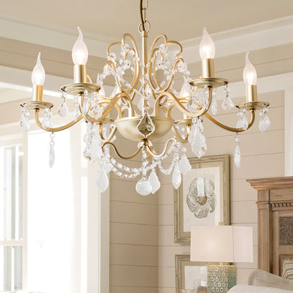 Rustic Curved Arm Chandelier Light Fixture 6/8 Lights Crystal Pendant Lighting in Gold for Bedroom 6 Gold Clearhalo 'Ceiling Lights' 'Chandeliers' Lighting' options 326404_e2372d69-a358-48cc-91fd-9ad82265f069