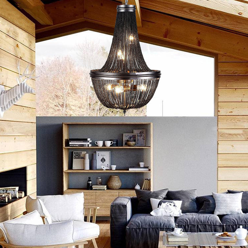 Chain Fringe Living Room Chandelier Rural Metallic 6 Lights Black Down Lighting Pendant Clearhalo 'Ceiling Lights' 'Chandeliers' Lighting' options 326663
