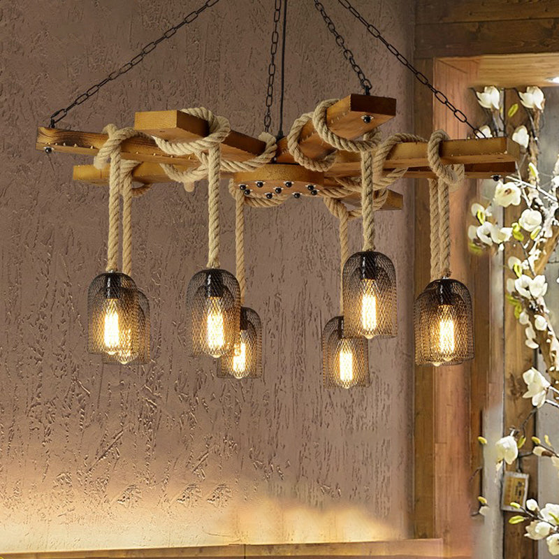 Caged Dining Room Chandelier Pendant Retro Metallic 3/6/8 Lights Wood Ceiling Lamp with Rope Clearhalo 'Cast Iron' 'Ceiling Lights' 'Chandeliers' 'Industrial Chandeliers' 'Industrial' 'Metal' 'Middle Century Chandeliers' 'Rustic Chandeliers' 'Tiffany' Lighting' 326729
