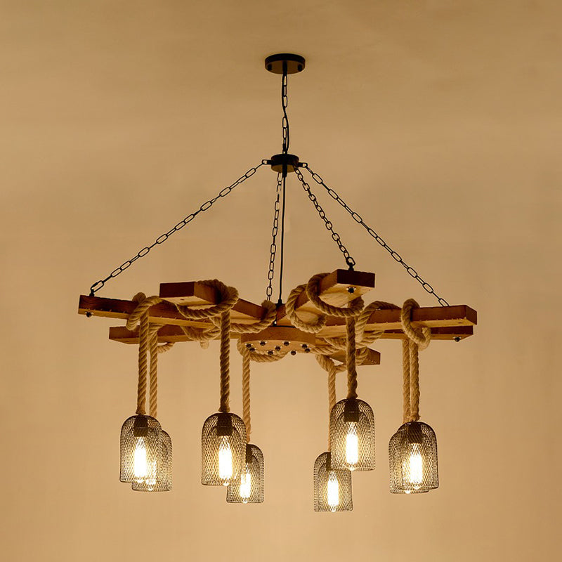 Caged Dining Room Chandelier Pendant Retro Metallic 3/6/8 Lights Wood Ceiling Lamp with Rope Clearhalo 'Cast Iron' 'Ceiling Lights' 'Chandeliers' 'Industrial Chandeliers' 'Industrial' 'Metal' 'Middle Century Chandeliers' 'Rustic Chandeliers' 'Tiffany' Lighting' 326730