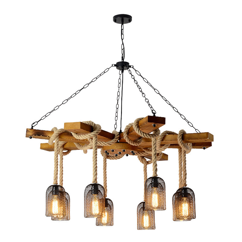 Caged Dining Room Chandelier Pendant Retro Metallic 3/6/8 Lights Wood Ceiling Lamp with Rope Clearhalo 'Cast Iron' 'Ceiling Lights' 'Chandeliers' 'Industrial Chandeliers' 'Industrial' 'Metal' 'Middle Century Chandeliers' 'Rustic Chandeliers' 'Tiffany' Lighting' 326731
