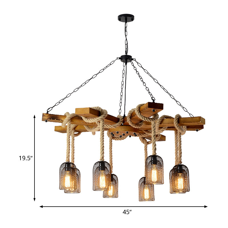 Caged Dining Room Chandelier Pendant Retro Metallic 3/6/8 Lights Wood Ceiling Lamp with Rope Clearhalo 'Cast Iron' 'Ceiling Lights' 'Chandeliers' 'Industrial Chandeliers' 'Industrial' 'Metal' 'Middle Century Chandeliers' 'Rustic Chandeliers' 'Tiffany' Lighting' 326732