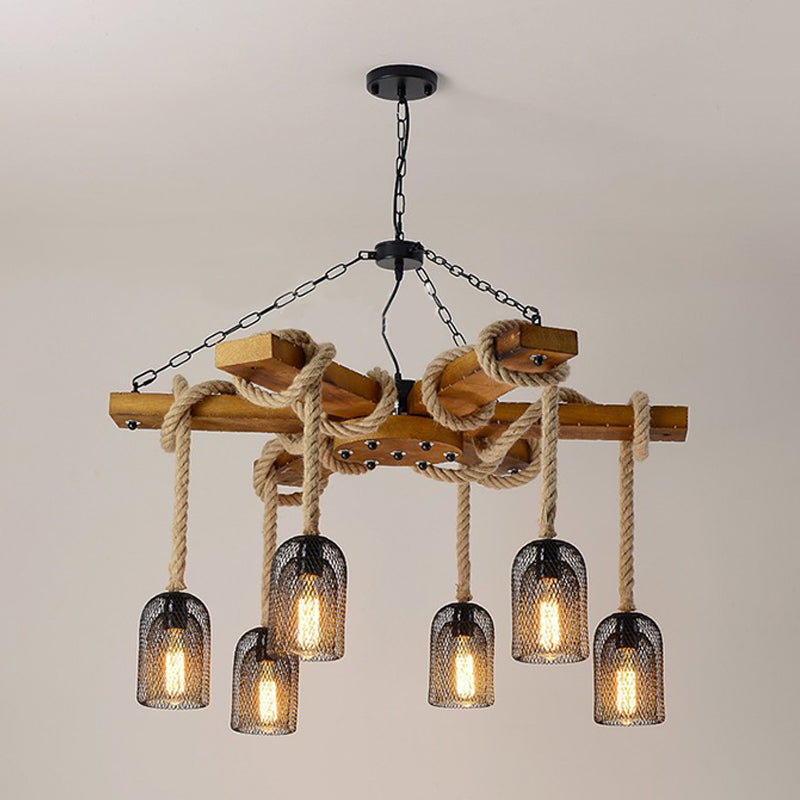Caged Dining Room Chandelier Pendant Retro Metallic 3/6/8 Lights Wood Ceiling Lamp with Rope Clearhalo 'Cast Iron' 'Ceiling Lights' 'Chandeliers' 'Industrial Chandeliers' 'Industrial' 'Metal' 'Middle Century Chandeliers' 'Rustic Chandeliers' 'Tiffany' Lighting' 326735