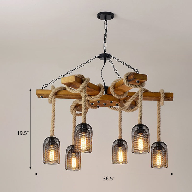 Caged Dining Room Chandelier Pendant Retro Metallic 3/6/8 Lights Wood Ceiling Lamp with Rope Clearhalo 'Cast Iron' 'Ceiling Lights' 'Chandeliers' 'Industrial Chandeliers' 'Industrial' 'Metal' 'Middle Century Chandeliers' 'Rustic Chandeliers' 'Tiffany' Lighting' 326736