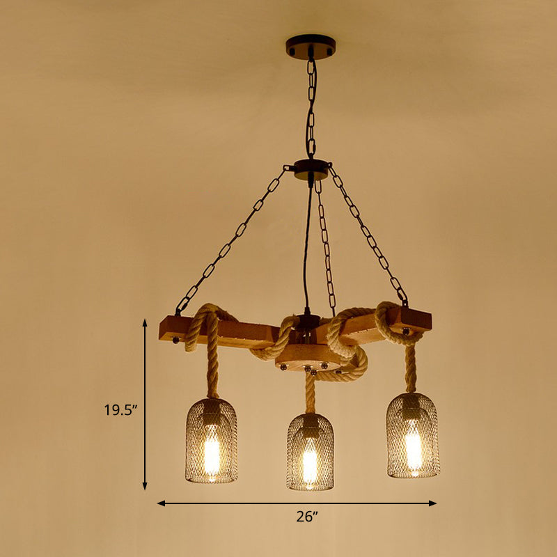 Caged Dining Room Chandelier Pendant Retro Metallic 3/6/8 Lights Wood Ceiling Lamp with Rope Clearhalo 'Cast Iron' 'Ceiling Lights' 'Chandeliers' 'Industrial Chandeliers' 'Industrial' 'Metal' 'Middle Century Chandeliers' 'Rustic Chandeliers' 'Tiffany' Lighting' 326739