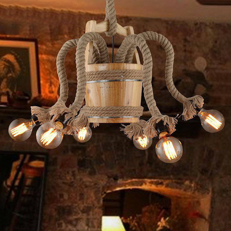 Curved Arm Dining Room Chandelier Lamp Farmhouse Rope 6 Lights Wood Ceiling Light Fixture Wood Clearhalo 'Ceiling Lights' 'Chandeliers' 'Industrial Chandeliers' 'Industrial' 'Middle Century Chandeliers' 'Tiffany' Lighting' 326796