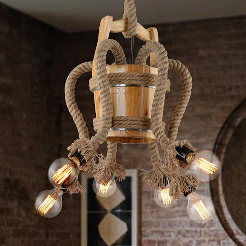 Curved Arm Dining Room Chandelier Lamp Farmhouse Rope 6 Lights Wood Ceiling Light Fixture Clearhalo 'Ceiling Lights' 'Chandeliers' 'Industrial Chandeliers' 'Industrial' 'Middle Century Chandeliers' 'Tiffany' Lighting' 326797