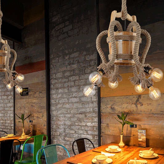 Curved Arm Dining Room Chandelier Lamp Farmhouse Rope 6 Lights Wood Ceiling Light Fixture Clearhalo 'Ceiling Lights' 'Chandeliers' 'Industrial Chandeliers' 'Industrial' 'Middle Century Chandeliers' 'Tiffany' Lighting' 326798