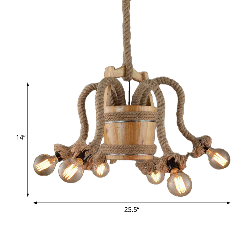 Curved Arm Dining Room Chandelier Lamp Farmhouse Rope 6 Lights Wood Ceiling Light Fixture Clearhalo 'Ceiling Lights' 'Chandeliers' 'Industrial Chandeliers' 'Industrial' 'Middle Century Chandeliers' 'Tiffany' Lighting' 326800