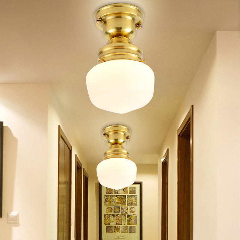Schoolhouse Opal Glass Ceiling Light Fixture Contemporary 1 Light Ceiling Mounted Light in Gold Finish Clearhalo 'Ceiling Lights' 'Close To Ceiling Lights' 'Close to ceiling' 'Flush mount' Lighting' 326802