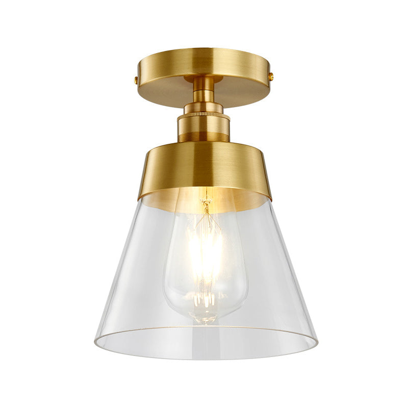 1 Light Gold Finish Semi Flush Mount Light with Conical Shade and Clear Glass Minimalist Semi Flush Ceiling Light Clearhalo 'Ceiling Lights' 'Close To Ceiling Lights' 'Close to ceiling' 'Flush mount' Lighting' 326858