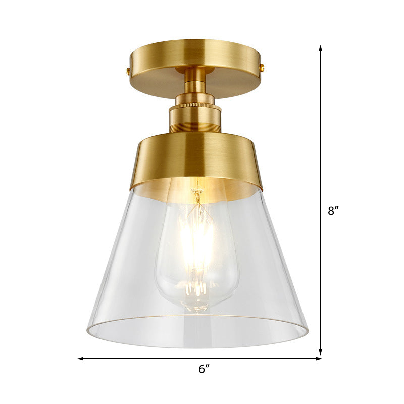 1 Light Gold Finish Semi Flush Mount Light with Conical Shade and Clear Glass Minimalist Semi Flush Ceiling Light Clearhalo 'Ceiling Lights' 'Close To Ceiling Lights' 'Close to ceiling' 'Flush mount' Lighting' 326859