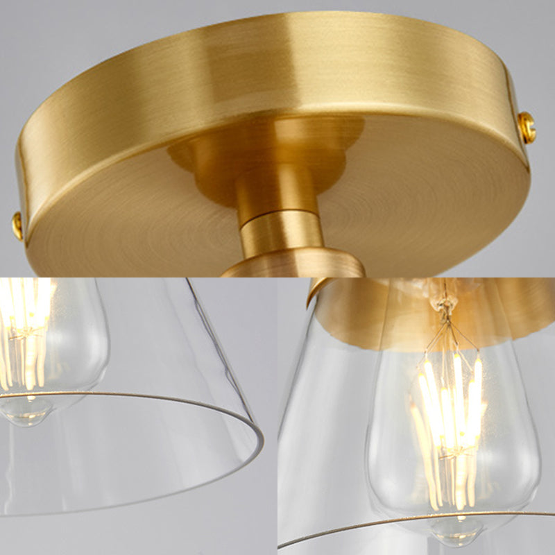 1 Light Gold Finish Semi Flush Mount Light with Conical Shade and Clear Glass Minimalist Semi Flush Ceiling Light Clearhalo 'Ceiling Lights' 'Close To Ceiling Lights' 'Close to ceiling' 'Flush mount' Lighting' 326860