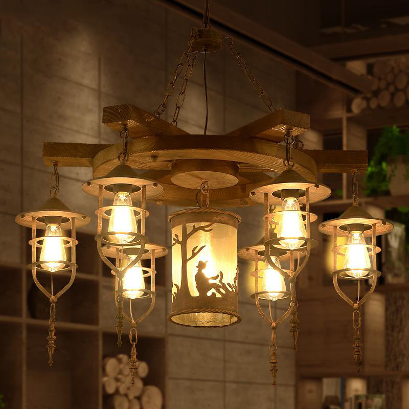 Metal Caged Chandelier Lighting Factory 3/7 Lights Restaurant Hanging Light Kit in Wood Clearhalo 'Ceiling Lights' 'Chandeliers' 'Industrial Chandeliers' 'Industrial' 'Middle Century Chandeliers' 'Tiffany' Lighting' 326924