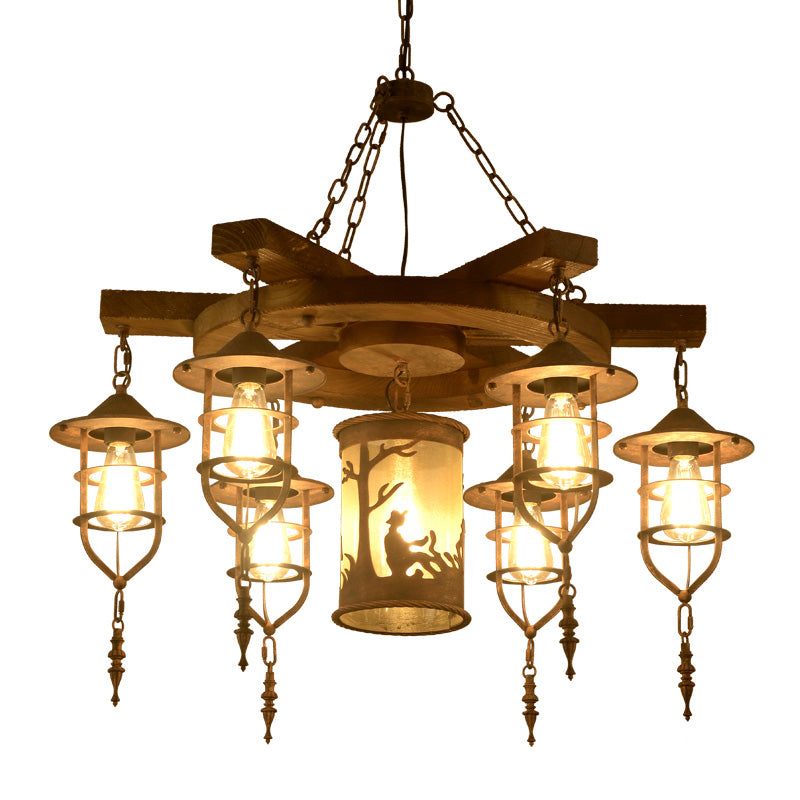 Metal Caged Chandelier Lighting Factory 3/7 Lights Restaurant Hanging Light Kit in Wood Clearhalo 'Ceiling Lights' 'Chandeliers' 'Industrial Chandeliers' 'Industrial' 'Middle Century Chandeliers' 'Tiffany' Lighting' 326926